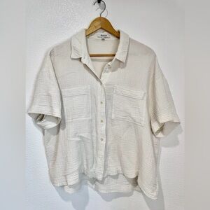 Madewell White Cotton Gauze Short Sleeve Button Down Cropped Shirt Coastal XL